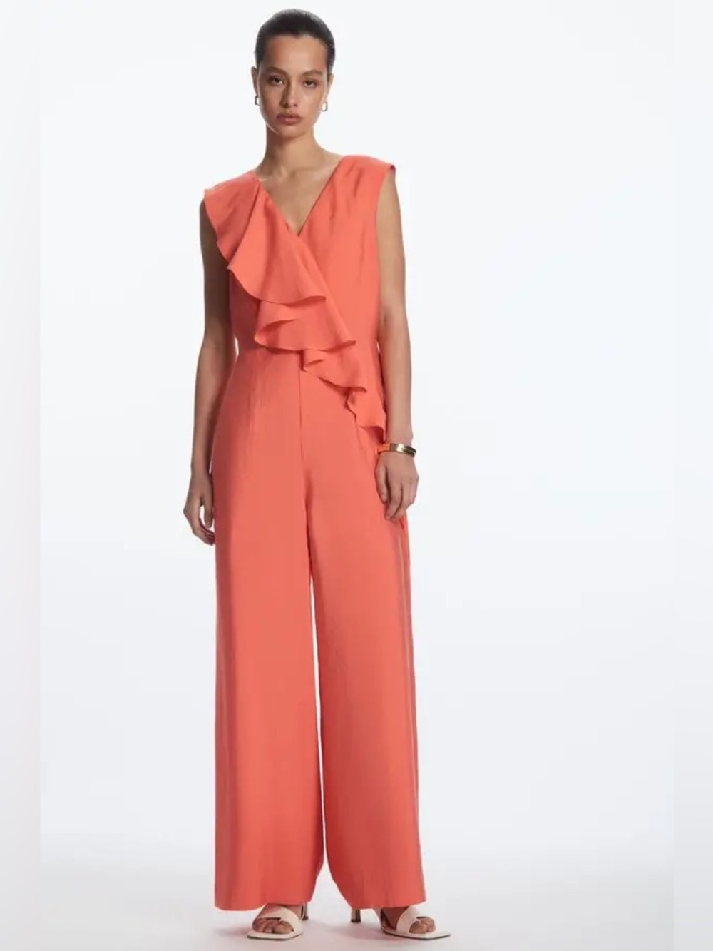 NWT COS SIZE 2 ruffled wide‎ leg orange jumpsuit full length v-neck